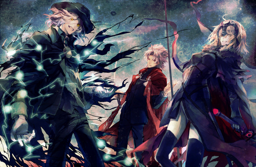 1girl, cape, dark_skin, edmond_dantes_(fate/grand_order), fate/apocrypha, fate/grand_order, fate_(series), jeanne_alter, kotomine_shirou, long_hair, looking_at_viewer, nakiha, ruler_(fate/apocrypha), short_hair, smile, white_hair, yellow_eyes