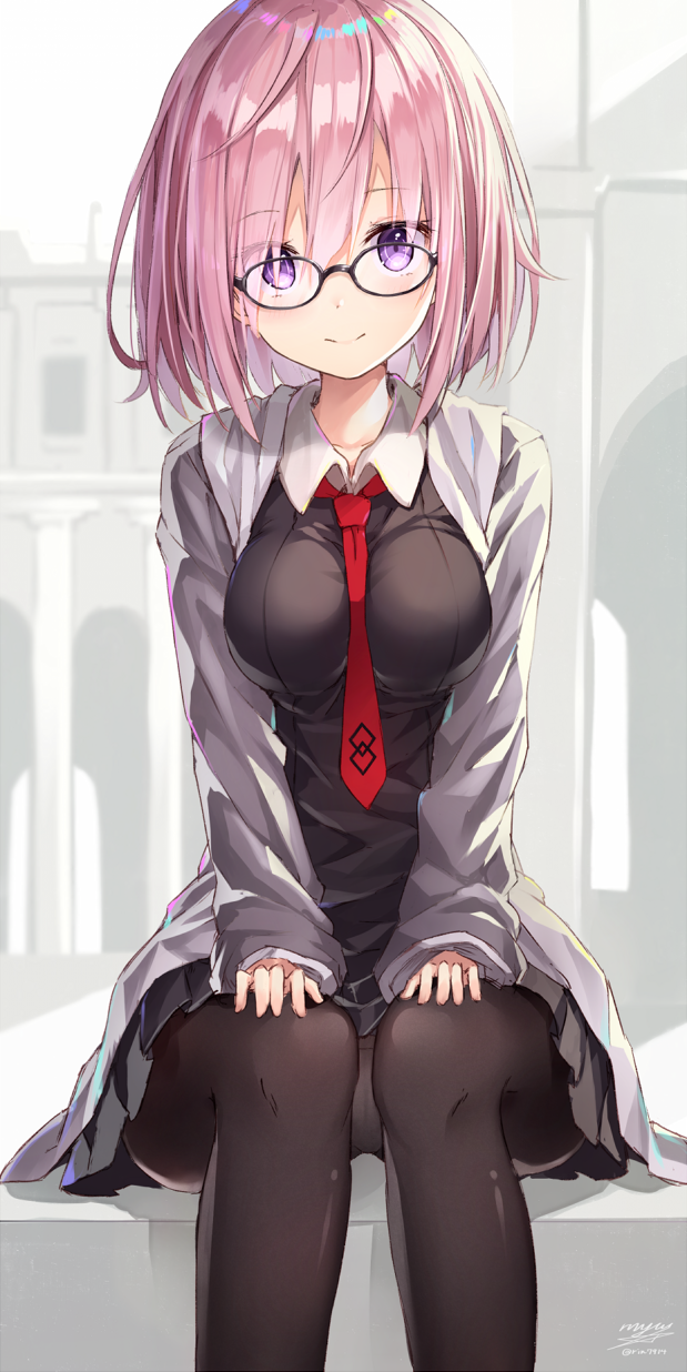1girl, artist_name, bangs, between_breasts, black-framed_eyewear, black-framed_glasses, black_dress, black_legwear