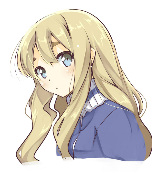 1girl, blonde_hair, blue_eyes, blush, collar, ear, expressionless, eyebrows