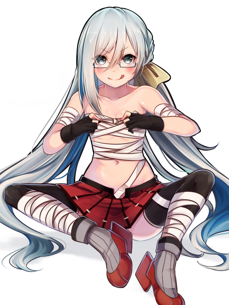 1girl, bandaged_arm, bandaged_leg, bare_shoulders, bespectacled, black_gloves, black_legwear, collarbone