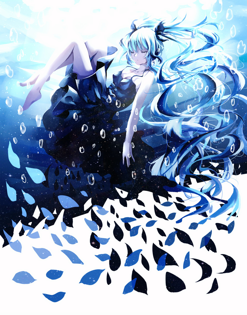 1girl, barefoot, blue_hair, bubble, closed_eyes, crying, dress, feet