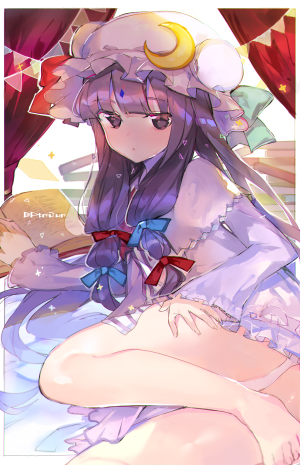 1girl, atsumi_jun, blue_ribbon, capelet, crescent, crescent_hair_ornament, double_bun, dress