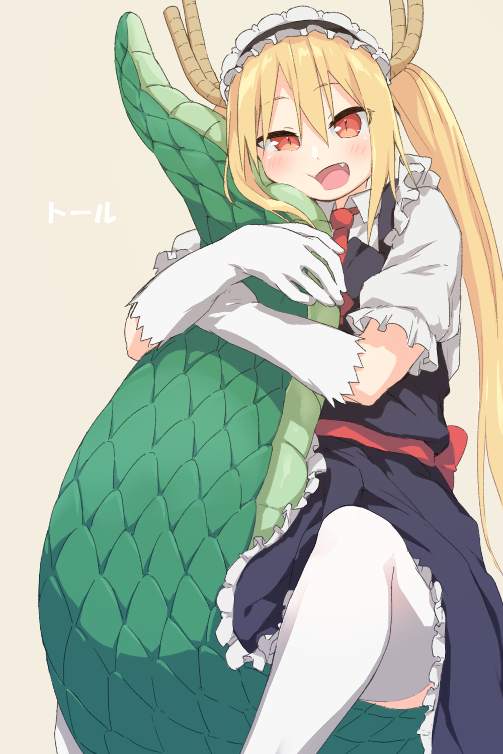 1girl, apron, blonde_hair, commentary_request, dragon_girl, dragon_tail, dress, gloves