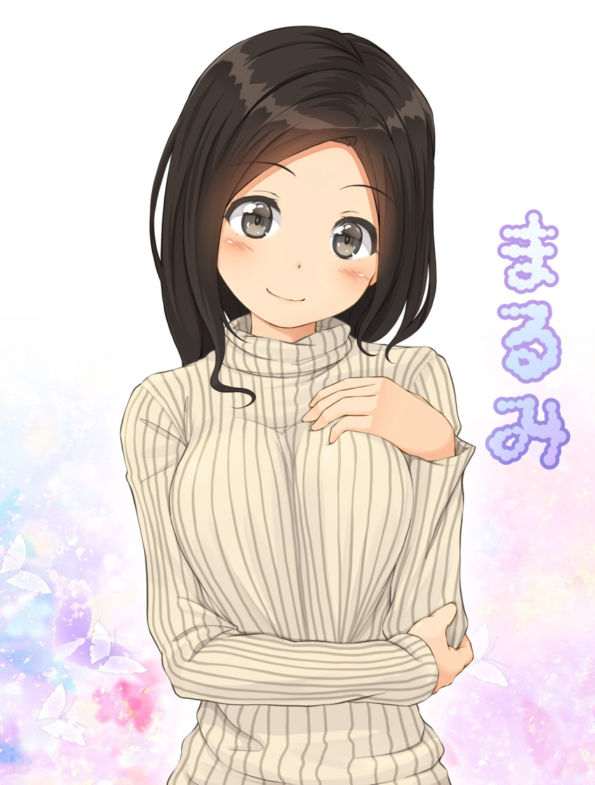 1girl, bangs, black_eyes, black_hair, blush, breast_suppress, breasts, butterfly, character_name, eyebrows_visible_through_hair, hand_on_own_elbow, head_tilt, highres, holding_arm, junk_gaming_maiden, kitsunerider, long_hair, long_sleeves, looking_at_viewer, simple_background, smile, solo, sparkle, sweater, turtleneck, turtleneck_sweater, upper_body, white_background, white_sweater