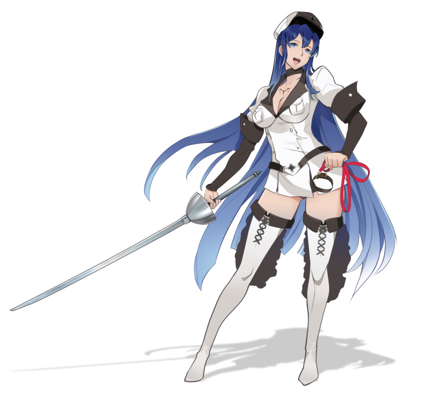 1girl, :d, akame_ga_kill!, blue_eyes, blue_hair, boots, breasts, cleavage, esdeath, gradient_hair, hat, highres, long_hair, mikazuki_shigure, military, military_uniform, multicolored_hair, open_mouth, peaked_cap, smile, sword, thigh-highs, thigh_boots, uniform, weapon, white_background, white_legwear
