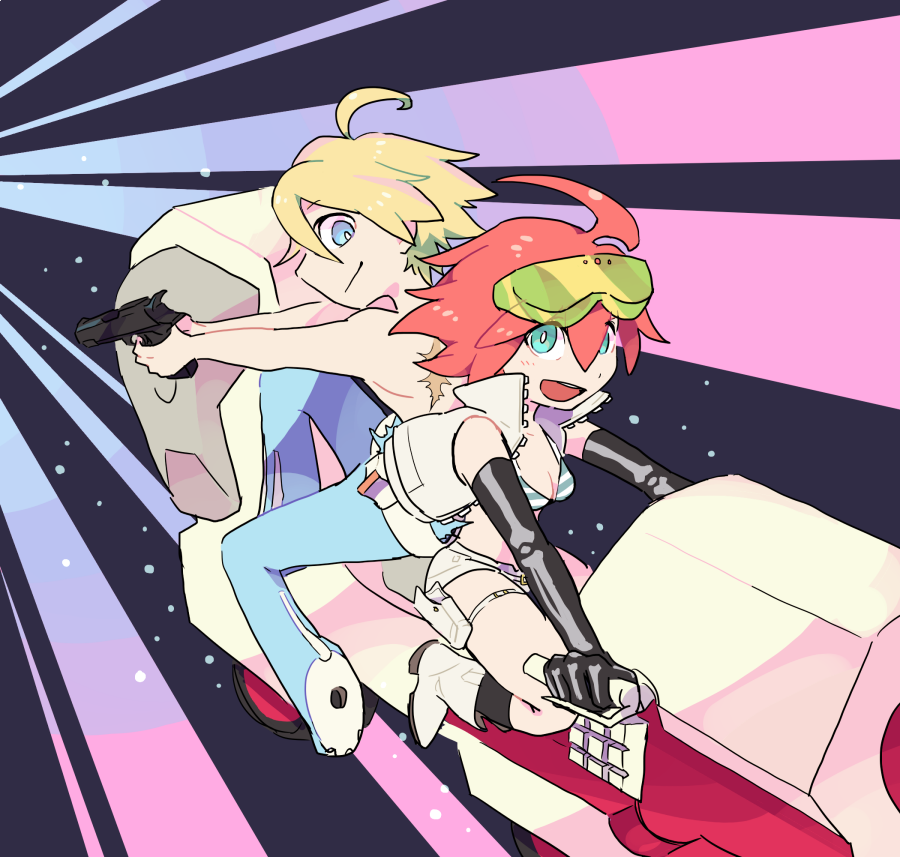 1boy, 1girl, ahoge, alpha_omega_nova, aqua_eyes, bikini, bikini_top, black_gloves, blonde_hair, blue_eyes, bodysuit, boots, cropped_jacket, driving, elbow_gloves, glasses_on_head, gloves, ground_vehicle, gun, jacket, janomegasa, looking_at_another, looking_at_viewer, looking_back, luluco, motor_vehicle, motorcycle, multicolored_hair, redhead, scar, shooting_glasses, short_hair, short_shorts, shorts, skeleton_print, spoilers, streaked_hair, striped, striped_bikini, swimsuit, torn_clothes, trigger-chan, uchuu_patrol_luluco, weapon, white_boots, white_jacket, white_shorts