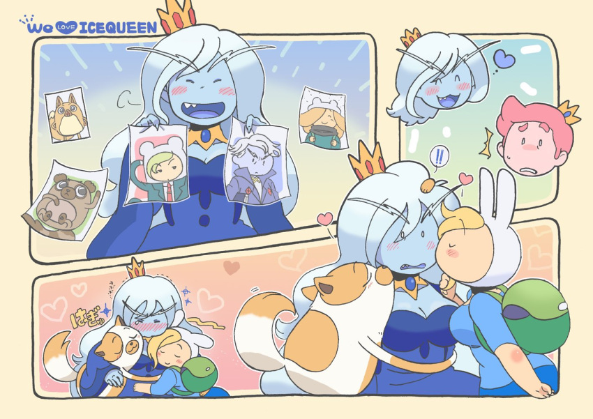 !, !!, 1boy, 3girls, adventure_time, animal_hood, blonde_hair, blue_shirt