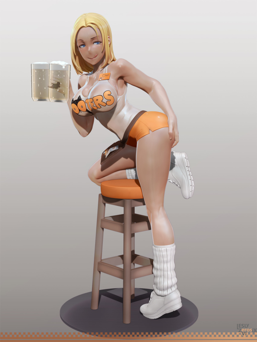 1girl, 3d, :q, bare_shoulders, beer_mug, blonde_hair, blue_eyes, borrowed_character