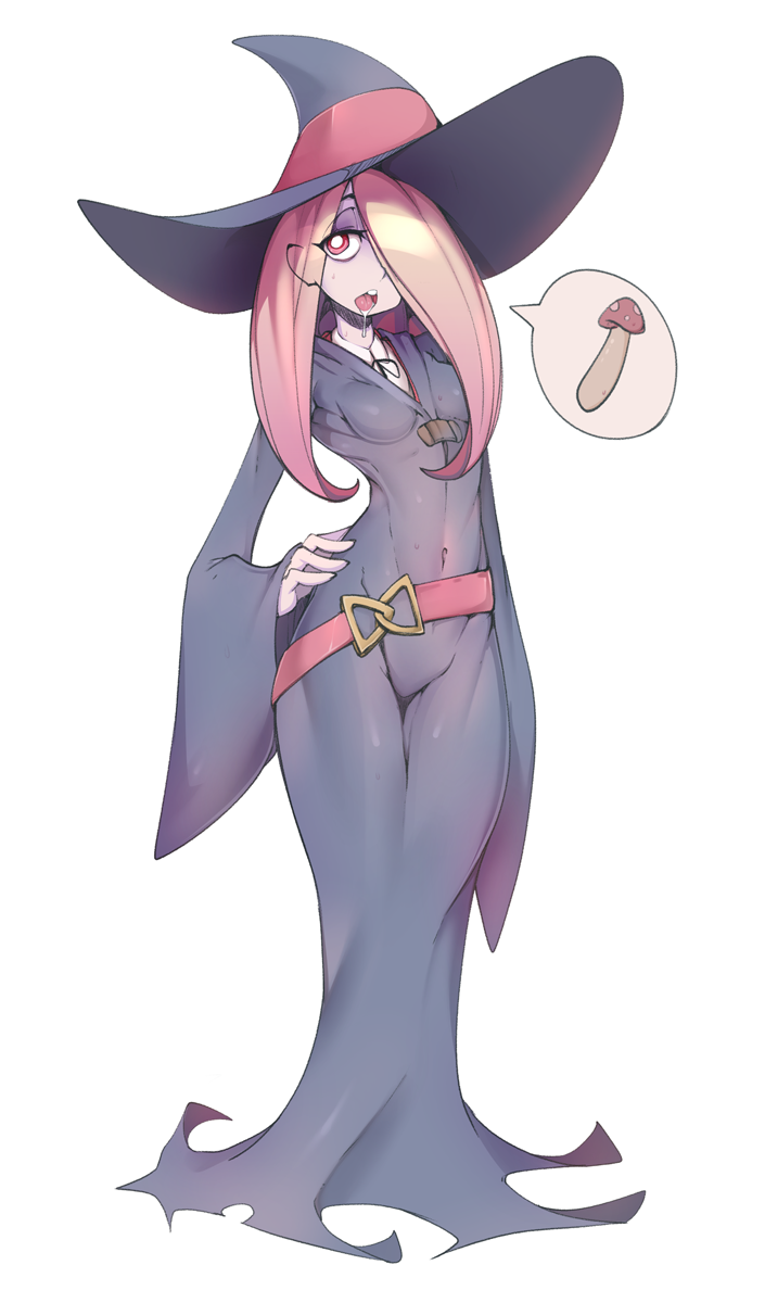 1girl, belt, breasts, drooling, hair_over_one_eye, hat, highres, little_witch_academia