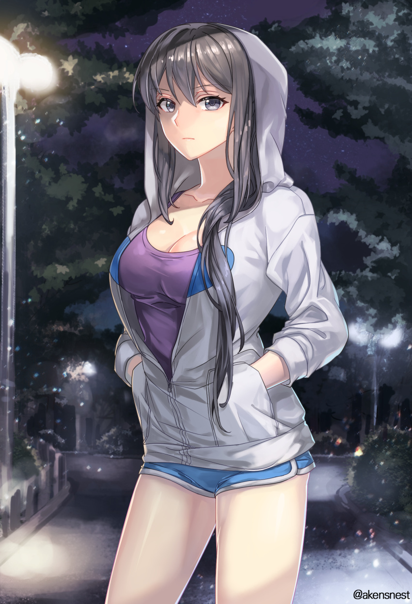1girl, aken, bangs, blue_shorts, blurry, breasts, bush, cleavage