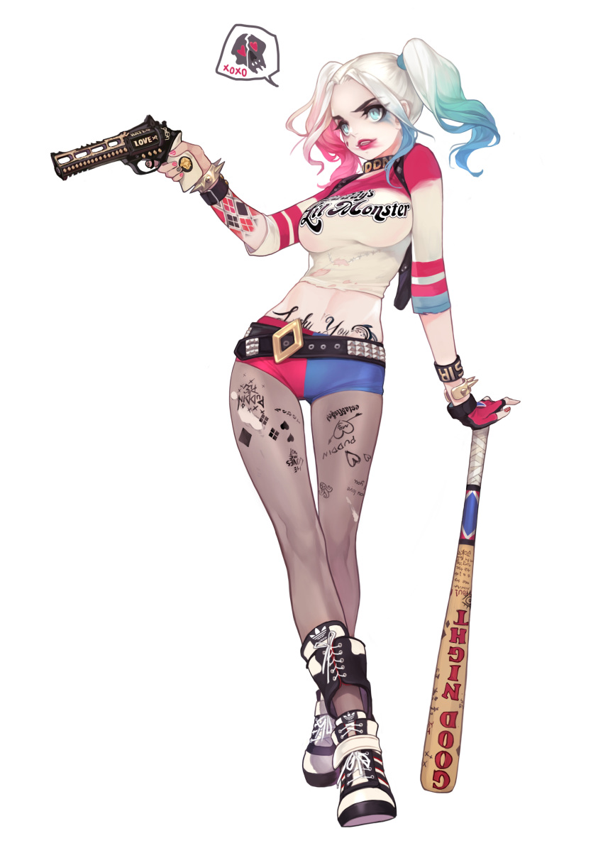 1girl, absurdres, blonde_hair, blue_hair, body_writing, breasts, dc_comics, gun