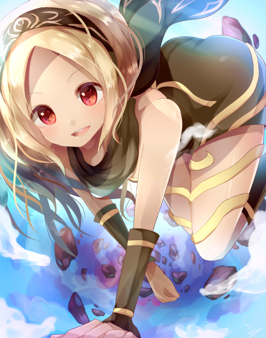 1girl, :d, bare_shoulders, blonde_hair, blue_sky, clouds, dark_skin, day