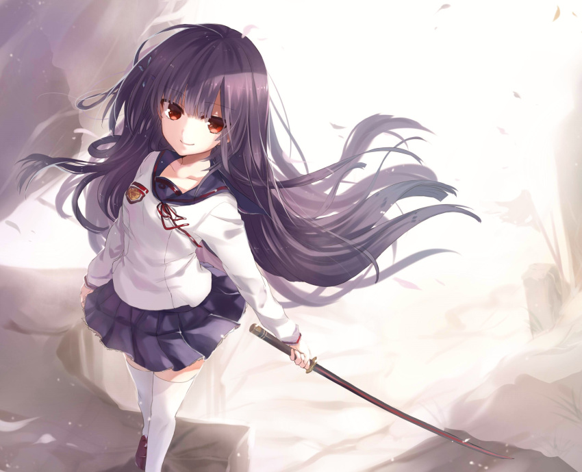 1girl, ahoge, bangs, blue_skirt, breasts, brown_shoes, closed_mouth, collarbone
