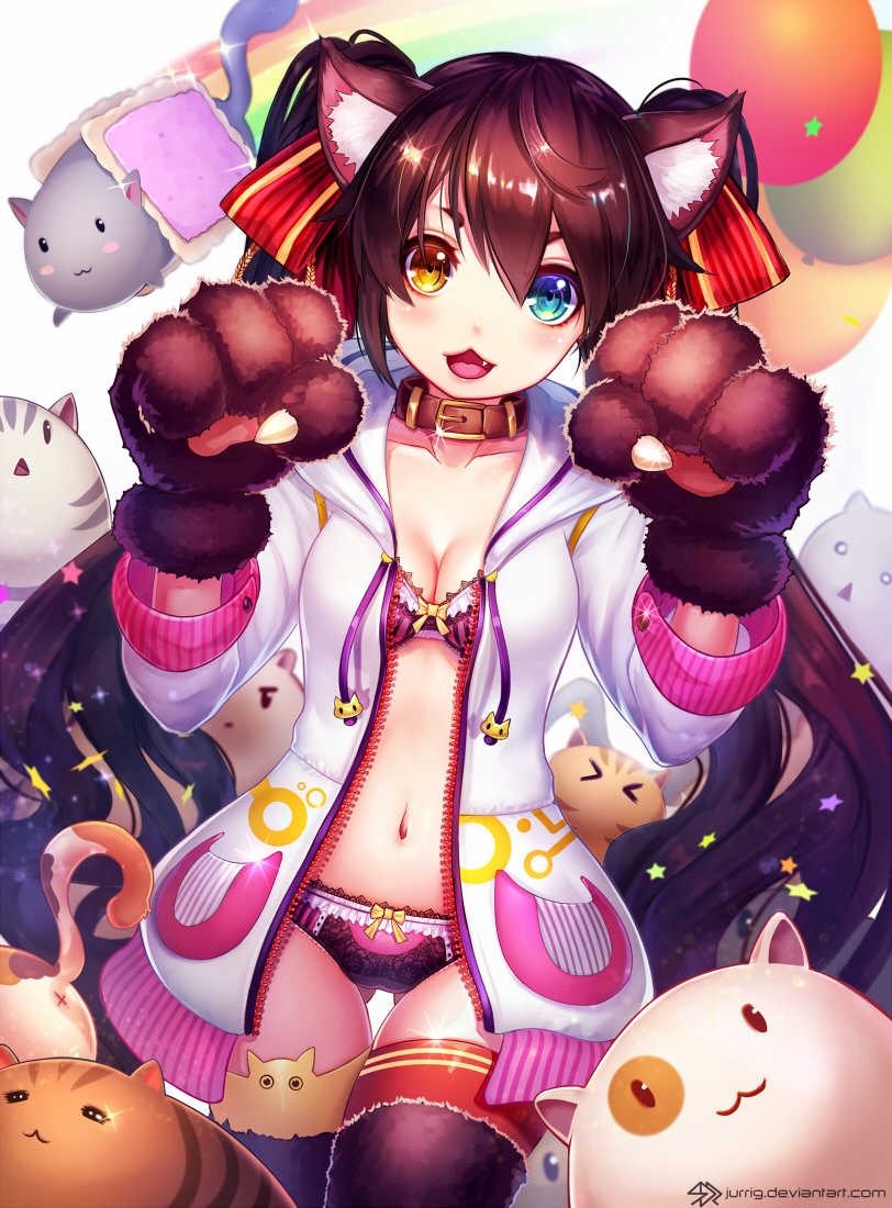 1girl, :<, :3, :d, =_=, animal_ears, balloon, bangs, black_bra, black_legwear, black_panties, blue_eyes, blush, bow, bow_panties, bra, breasts, brown_hair, cat, cat_ears, choker, cleavage, collarbone, cowboy_shot, dutch_angle, fang, food, gluteal_fold, hair_between_eyes, hair_ribbon, hands_up, heterochromia, hood, hoodie, lace, lace-trimmed_bra, lace-trimmed_panties, long_hair, looking_at_viewer, medium_breasts, mismatched_legwear, navel, nyan_cat, open_mouth, original, panties, paw_pose, paws, photobomb, pop_tart, rainbow, red_ribbon, ribbon, simple_background, smile, solo, star, striped, striped_ribbon, sweets, thick_eyebrows, thigh-highs, triangle_mouth, un_s, underwear, vertical-striped_bra, vertical-striped_panties, vertical_stripes, very_long_hair, watermark, wavy_hair, web_address, white_background, yellow_bow, yellow_eyes, |_|