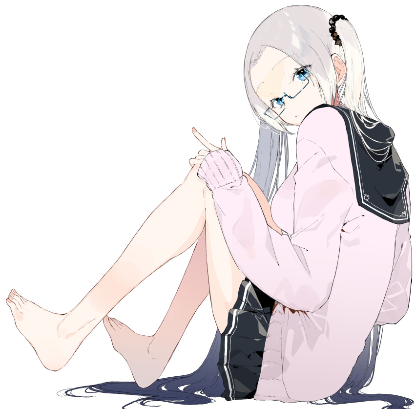1girl, :/, absurdres, barefoot, black-framed_eyewear, black_skirt, breasts, cardigan