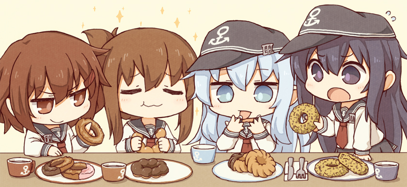 4girls, akatsuki_(kantai_collection), anchor_symbol, brown_eyes, brown_hair, closed_eyes, commentary_request, eating