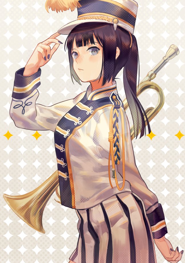 1girl, adjusting_clothes, adjusting_hat, arched_back, arm_behind_back, band_uniform, bangs, black_hair