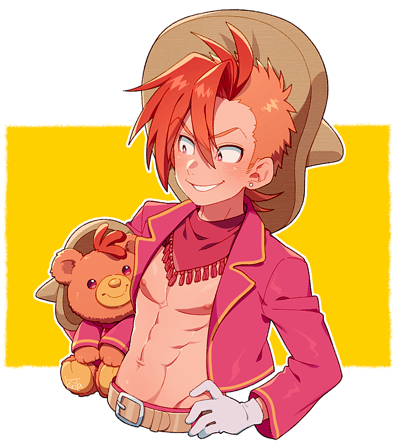 1boy, abs, bandanna, belt, bright_pupils, cropped_jacket, disney, ear_piercing