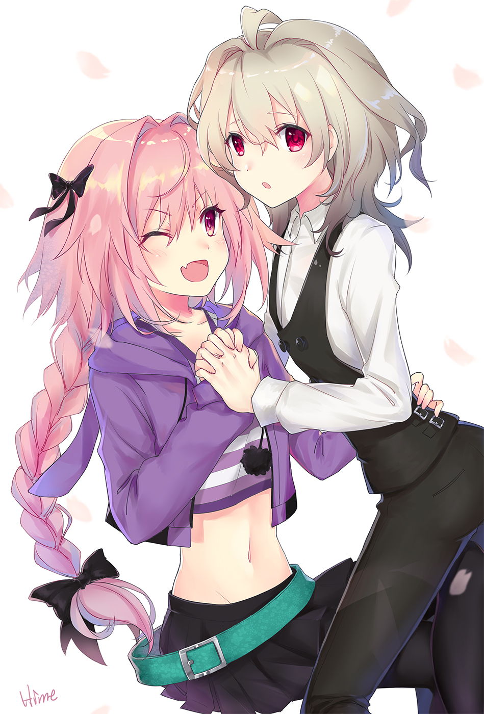 1boy, ;d, ahoge, animal_hood, artist_name, belt, black_legwear, black_pants