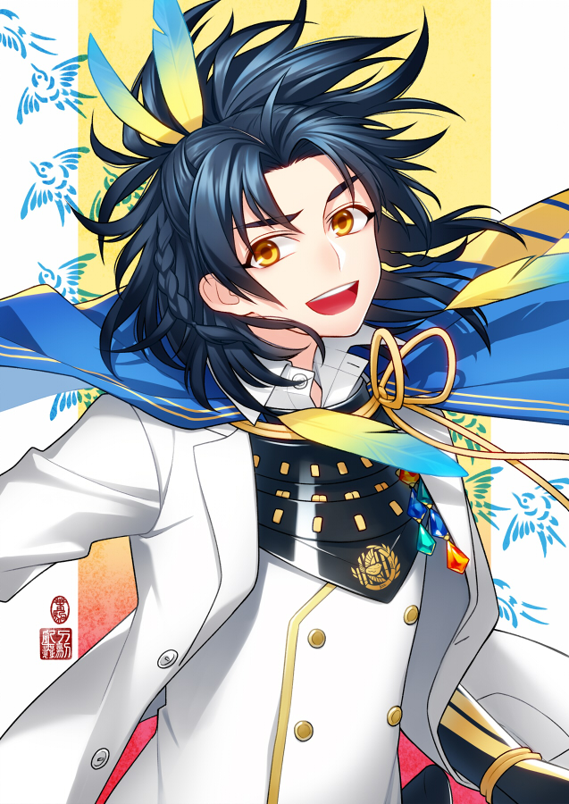 1boy, armor, bird, blue_hair, braid, cape, feathers, hair_feathers, japanese_armor, male_focus, open_mouth, sezanu, smile, taikogane_sadamune, touken_ranbu, yellow_eyes
