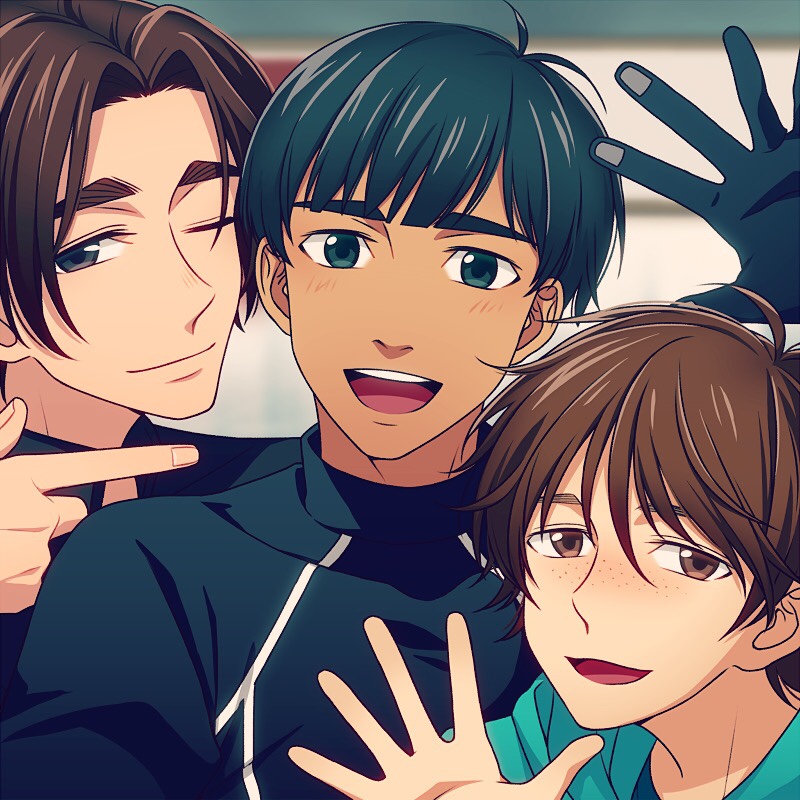 3boys, black_gloves, black_hair, brown_eyes, brown_hair, dark_skin, dark_skinned_male, freckles