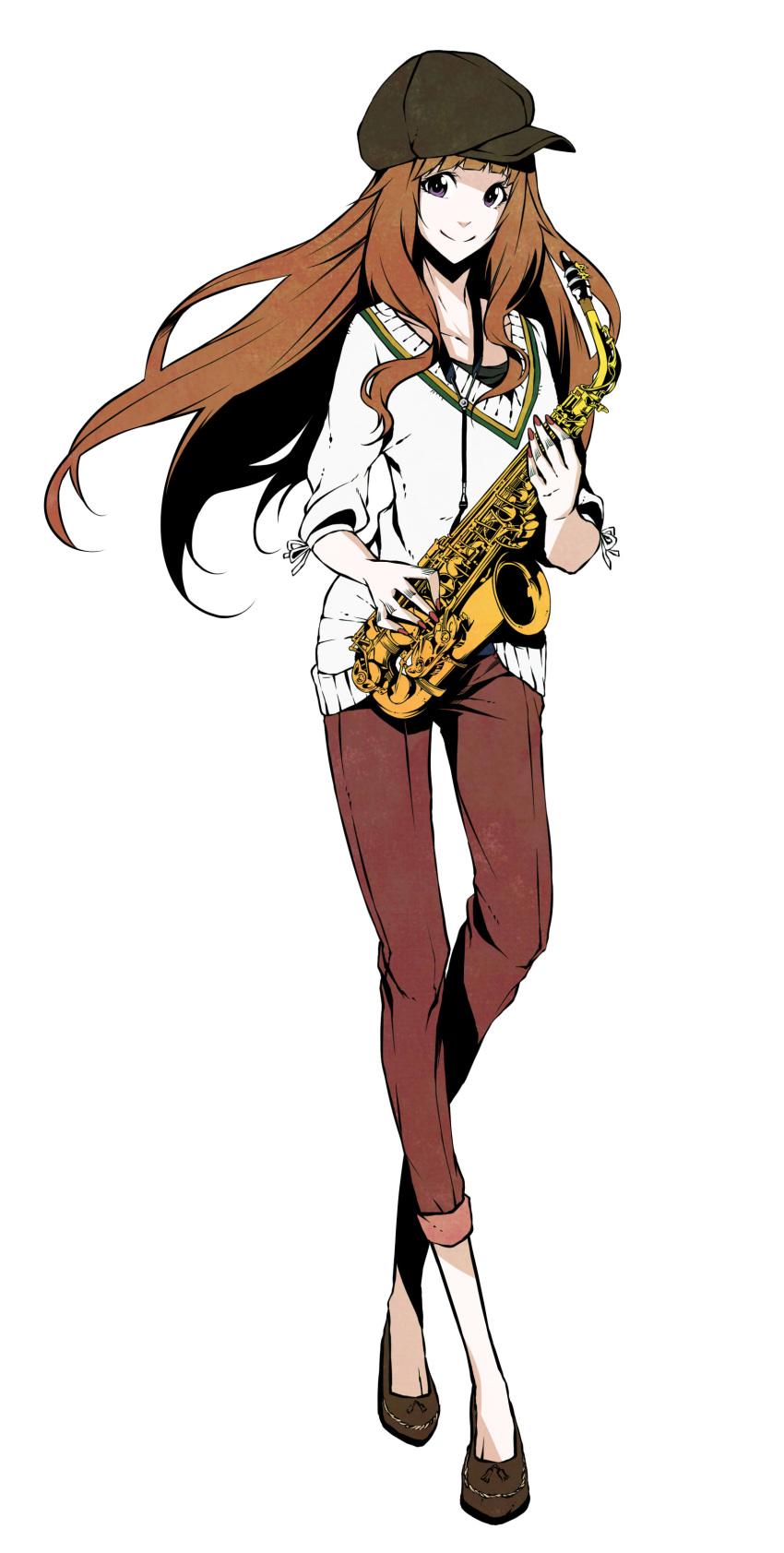 1girl, a-rise, absurdres, black_eyes, brown_hair, brown_pants, full_body, highres