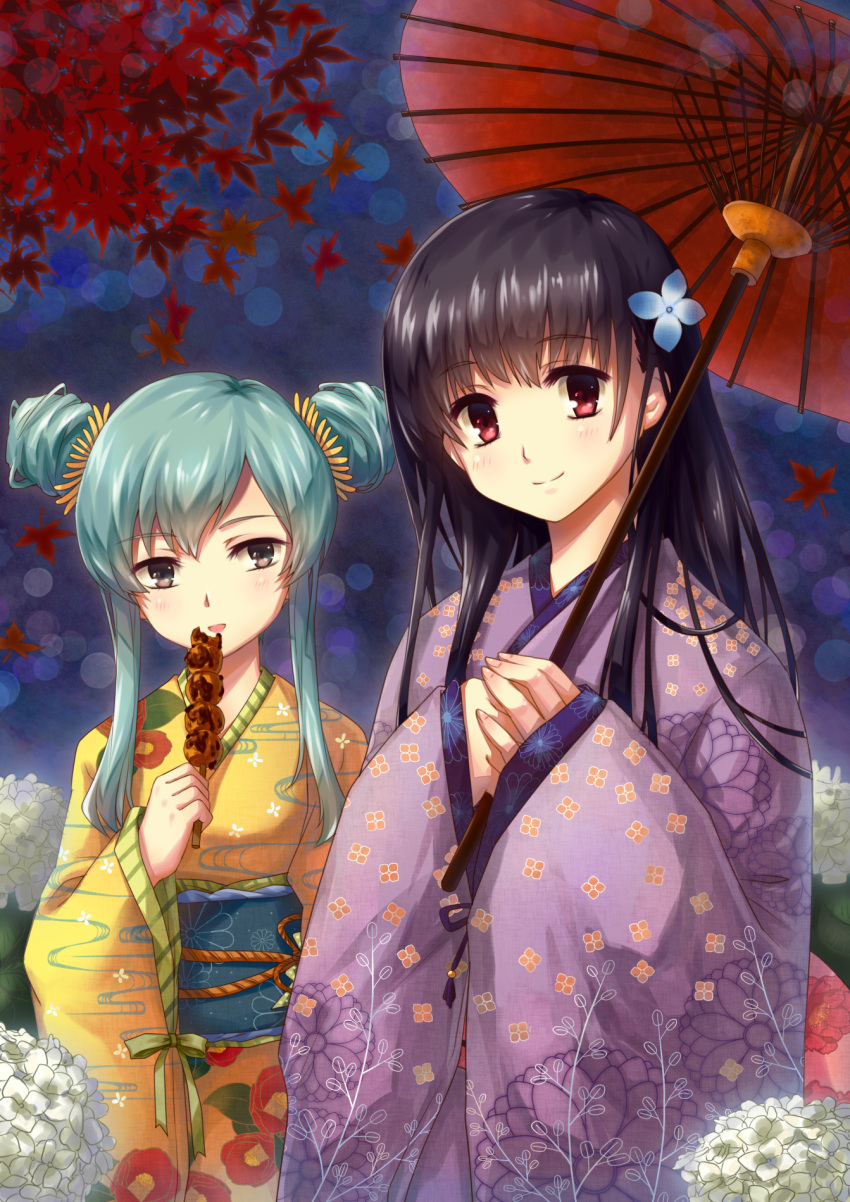 2girls, black_eyes, black_hair, furuya_mero, green_eyes, hair_ornament, highres, holding