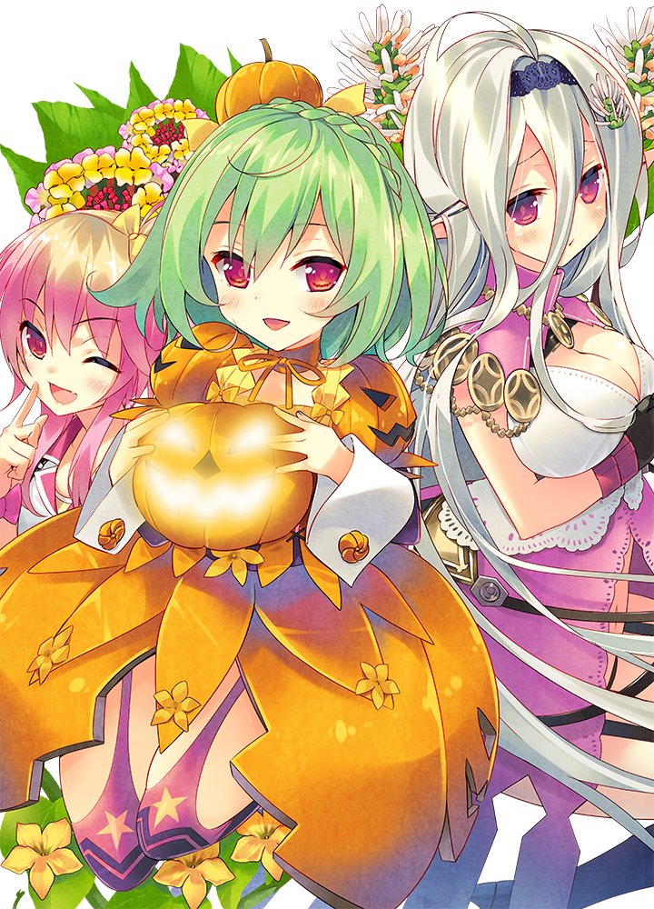3girls, :d, ;d, arikawa_satoru, bow, braid, breasts, character_request