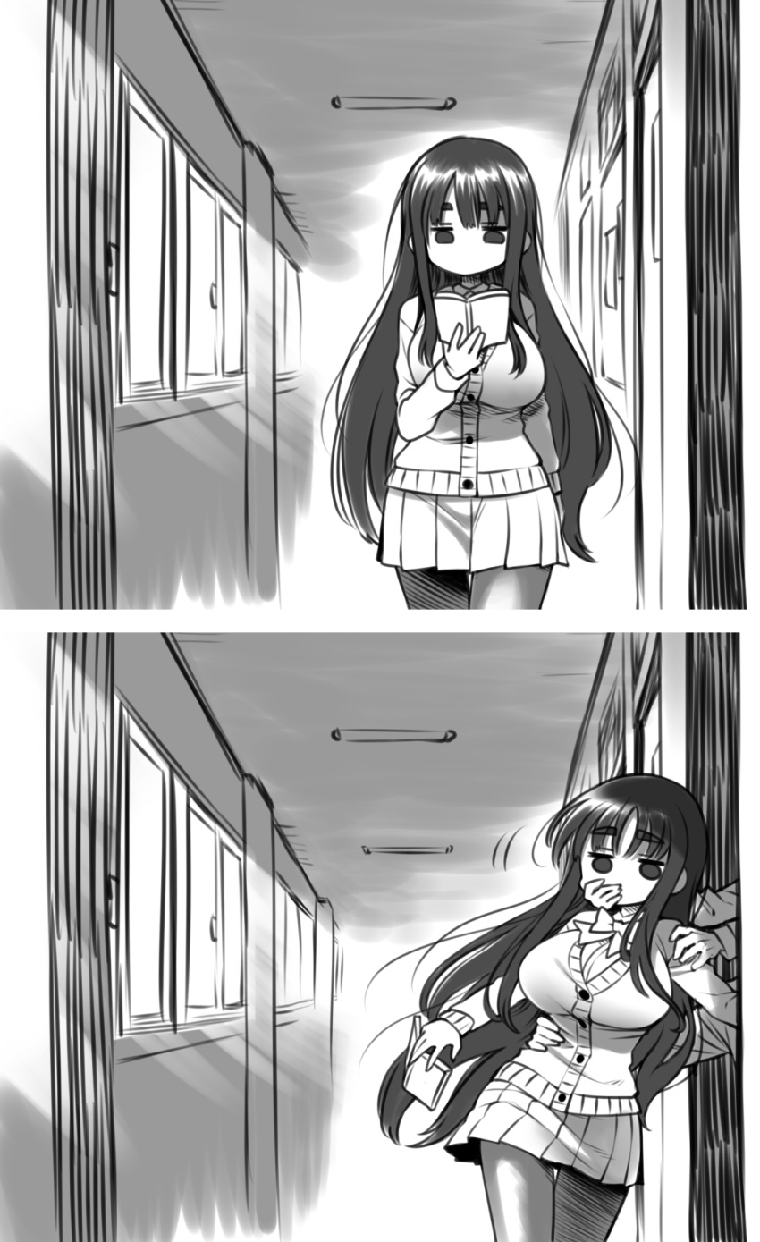 1girl, 2girls, breasts, greyscale, highres, inuyama_kuroe, long_hair, monochrome, multiple_girls, original, pantyhose, pleated_skirt, reading, school, school_uniform, skirt, solo_focus, yoshida_hideyuki