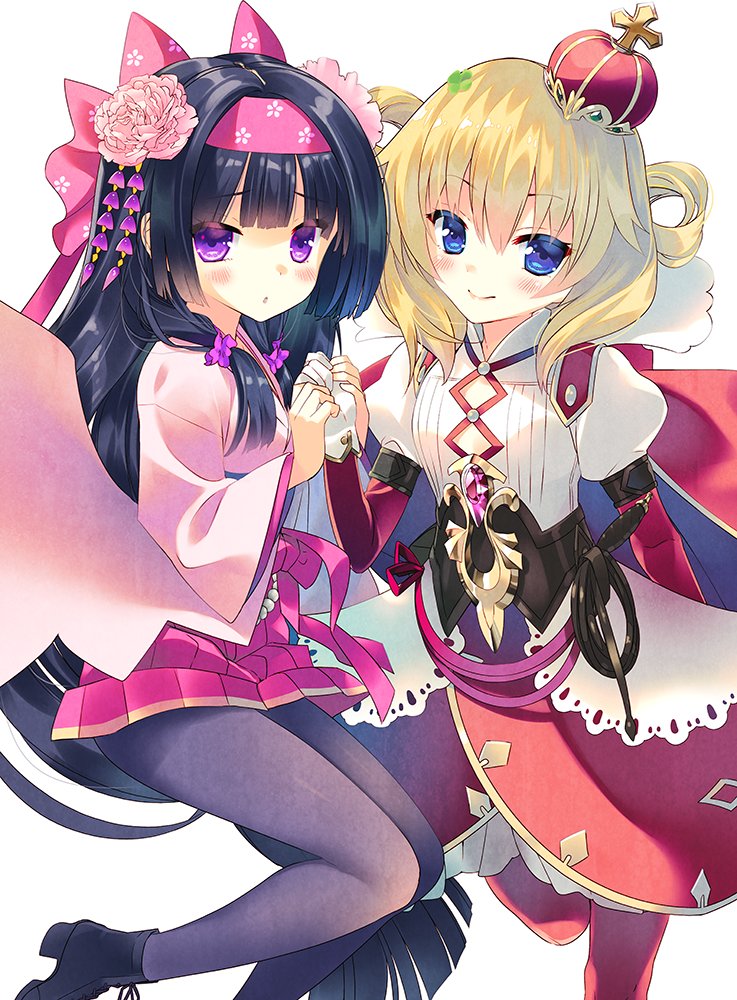 2girls, arikawa_satoru, black_hair, black_legwear, black_shoes, blonde_hair, blue_eyes, bow