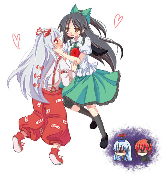 ame, braid, fujiwara_no_mokou, heart, jealous, jpeg_artifacts, kaenbyou_rin, kamishirasawa_keine