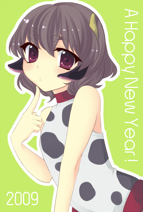 animal_ears, bad_id, brown_hair, cow_ears, cow_print, flat_chest, horns, ichii_(pixiv)