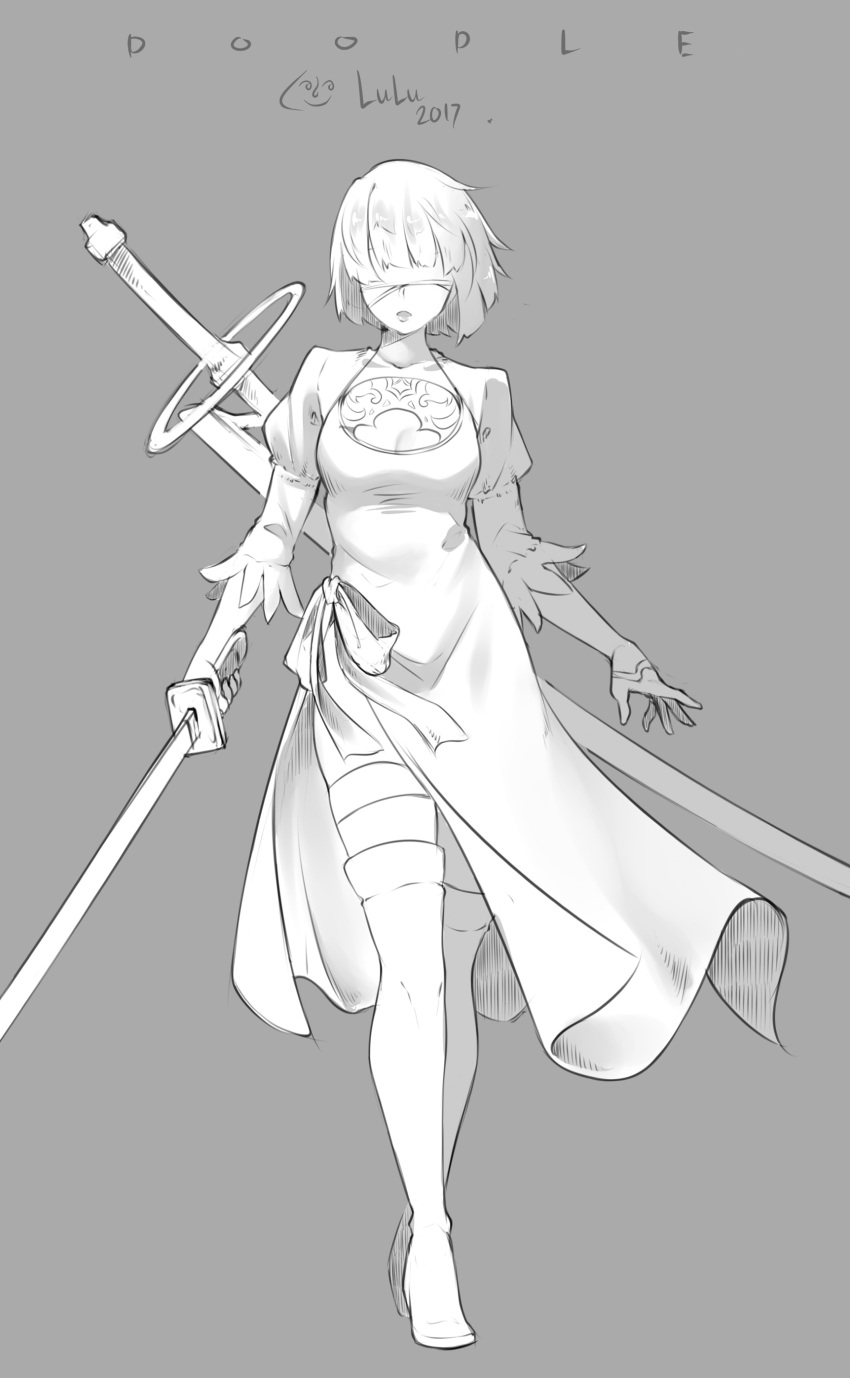 1girl, 2017, absurdres, blindfold, bow, breasts, cleavage, cleavage_cutout