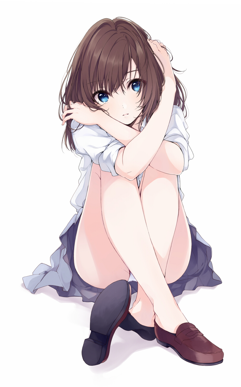 1girl, bangs, black_legwear, blue_eyes, brown_shoes, cover, cover_page, crossed_ankles