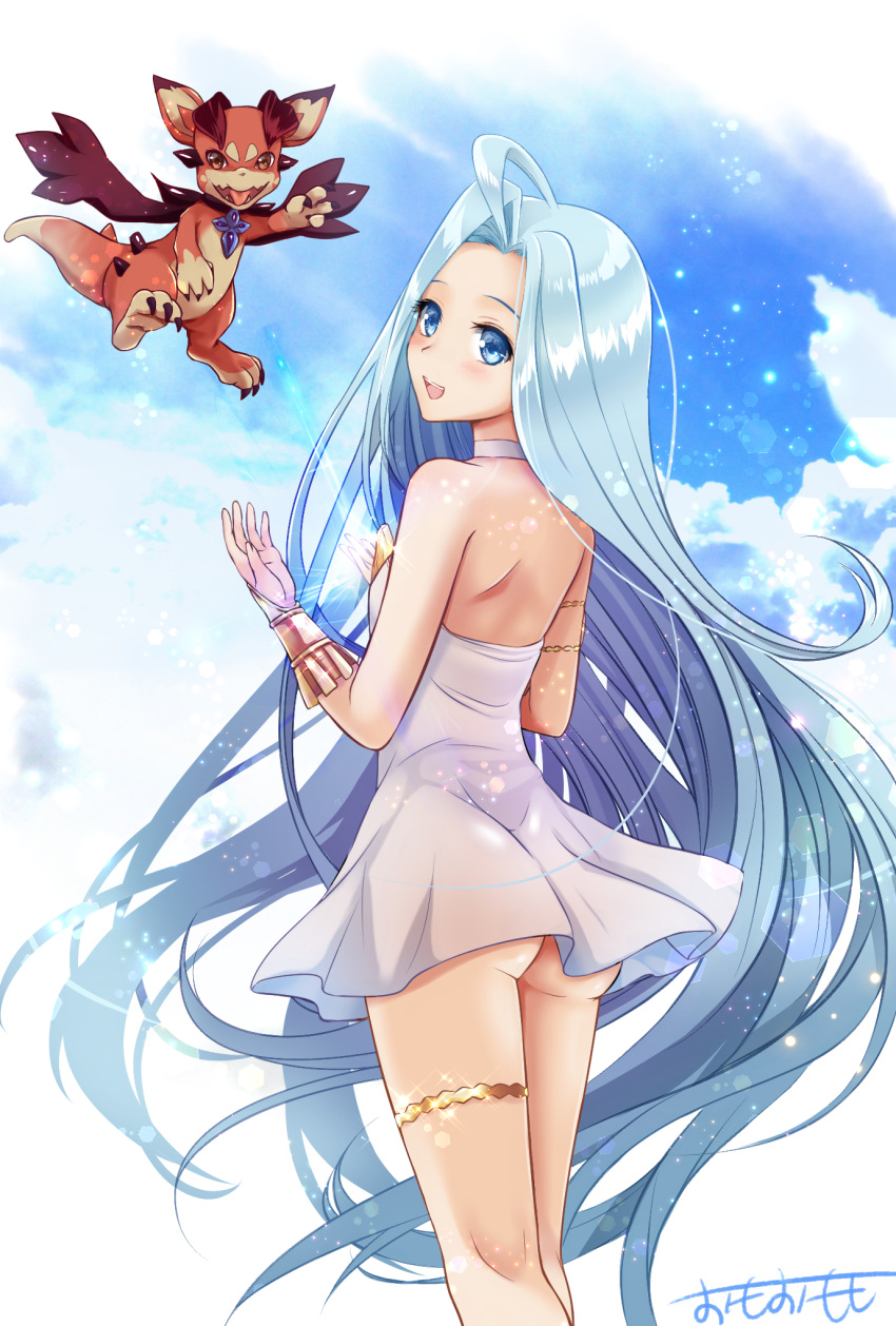 1girl, ahoge, ass, bare_shoulders, blue_eyes, blue_hair, breasts, choker