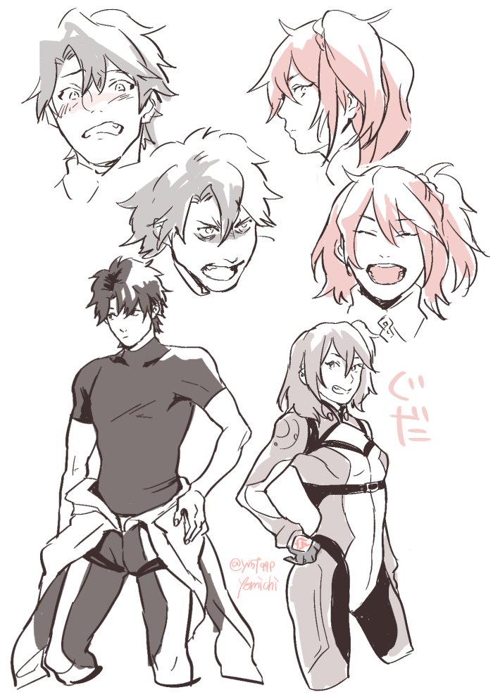 1boy, 1girl, black_hair, black_shirt, bodysuit, character_name, closed_eyes, fang, fate/grand_order, fate_(series), fujimaru_ritsuka_(female), fujimaru_ritsuka_(male), hand_on_hip, one_side_up, open_mouth, orange_hair, shirt, short_hair, simple_background, smile, t-shirt, taut_clothes, taut_shirt, twitter_username, uniform, white_background, yomichi_(yomi888)