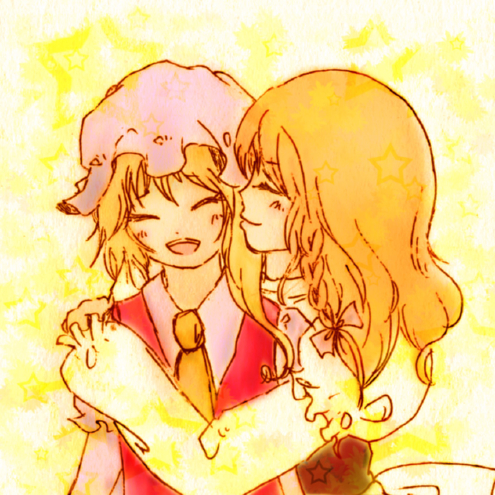 bad_id, blonde_hair, braid, flandre_scarlet, hug, kirisame_marisa, lowres, momoko_(pixiv219000), multiple_girls, smile, touhou