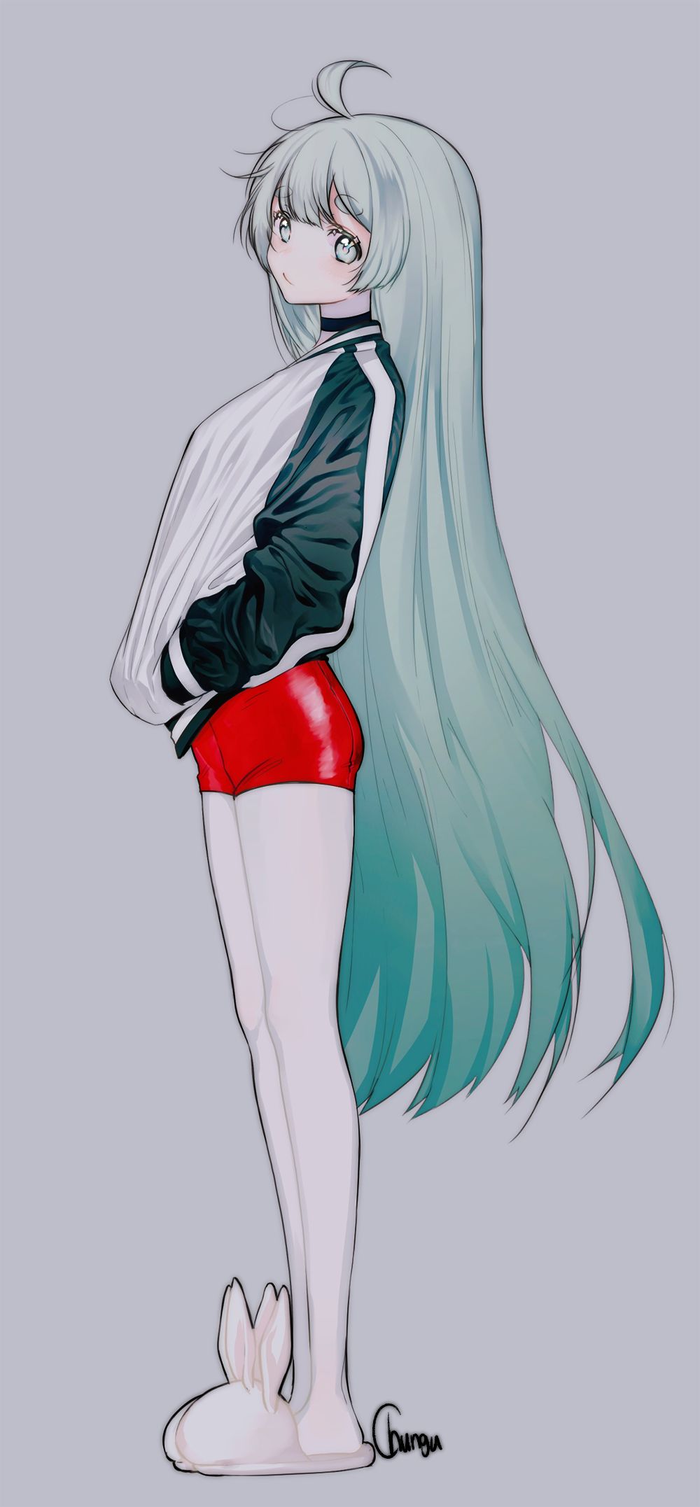 1girl, ahoge, animal_slippers, artist_name, bangs, black_choker, bunny_slippers, choker, from_side, full_body, green_eyes, green_hair, grey_background, hands_in_pockets, harukuchi_(wintertrues), highres, jacket, letterman_jacket, long_hair, looking_at_viewer, original, pantyhose, red_shorts, short_eyebrows, short_shorts, shorts, signature, simple_background, slippers, solo, standing, thick_eyebrows, very_long_hair