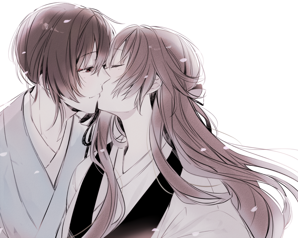 black_hair, japanese_clothes, kayo_(ken_ga_kimi), ken_ga_kimi, kiss, red_eyes, sagihara_sakyou, same_height