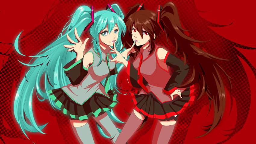 2girls, bare_shoulders, black_hair, blue_eyes, blue_hair, boots, detached_sleeves, hands_on_hips, hatsune_miku, headphones, necktie, painted_nails, red_eyes, satisfaction_(vocaloid), skirt, tagme, thigh_highs, very_long_hair, vocaloid, wallpaper, zatsune_miku