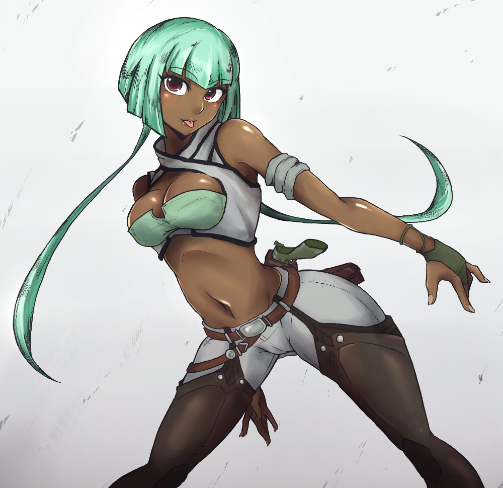 1girl, :p, cleavage, dark_skin, emerald_sustrai, green_hair, gun, navel