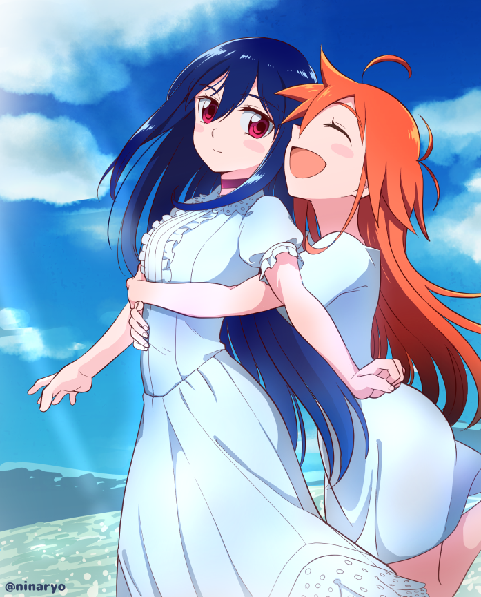 2girls, :d, ^_^, blush_stickers, choker, closed_eyes, clouds, commentary