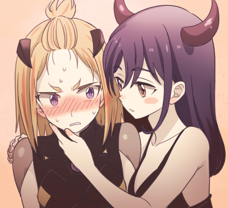 2girls, alternate_costume, alternate_hair_length, alternate_hairstyle, armor, armored_dress, bangs_pinned_back, blonde_hair
