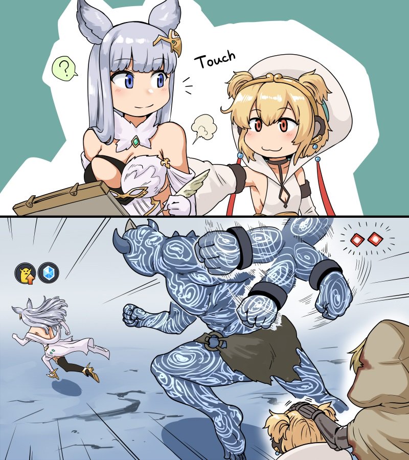 2girls, anchira_(granblue_fantasy), animal_ears, blonde_hair, blue_eyes, chaos_ruler_(granblue_fantasy), comic, detached_sleeves