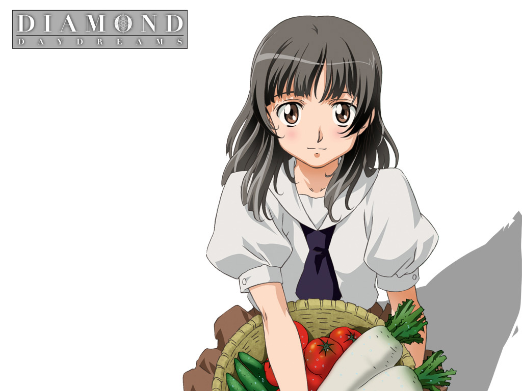 black_hair, brown_eyes, daikon, harada_akari, kita_e, simple_background, tomato, tomatoes