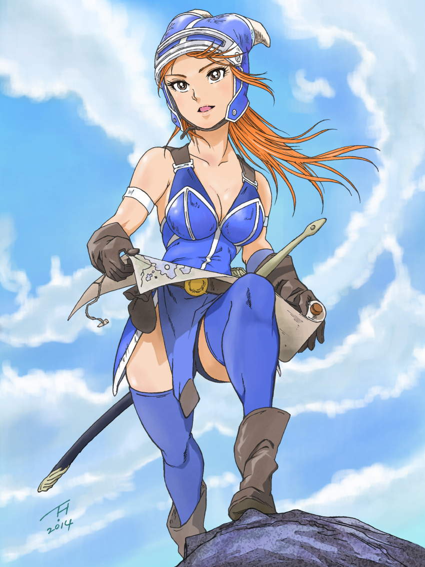 1girl, armlet, armor, bare_shoulders, belt, breasts, brown_eyes, brown_gloves, brown_hair, daisy_(dq), dragon_quest, dragon_quest_yuusha_abel_densetsu, gloves, helmet, highres, horned_helmet, kujira_gunsou, long_hair, simple_background