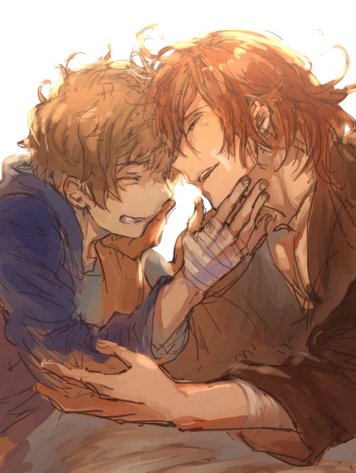 2boys, bandage, bandaged_hands, bloom, close-up, closed_eyes, gran_(granblue_fantasy), granblue_fantasy, hand_on_another's_face, male_focus, multiple_boys, natsuno_(natsuno_a1), percival_(granblue_fantasy), simple_background, smile, white_background