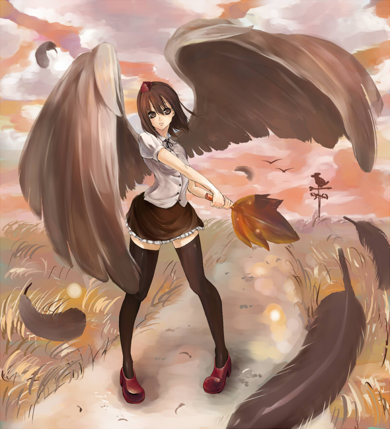 dusk, fan, feathers, hat, miya9, shameimaru_aya, skirt, sky, thigh-highs, thighhighs, tokin_hat, touhou, wind_vane, wings, zettai_ryouiki