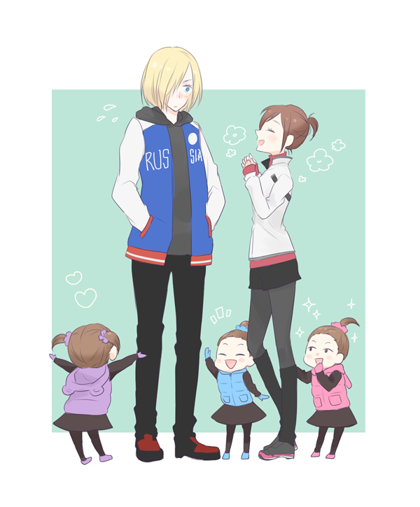 1boy, 4girls, animal_hood, black_legwear, blonde_hair, brown_hair, closed_eyes, green_eyes, hair_bun, hair_ornament, hair_over_one_eye, hair_scrunchie, hands_in_pockets, heart, hood, hoodie, jacket, legwear_under_shorts, mother_and_daughter, multiple_girls, nishigoori_axel, nishigoori_loop, nishigoori_lutz, nishigoori_yuuko, pantyhose, ponytail, sayaniji, scrunchie, shorts, siblings, sisters, skirt, sparkle, track_jacket, triplets, twintails, yuri!!!_on_ice, yuri_plisetsky