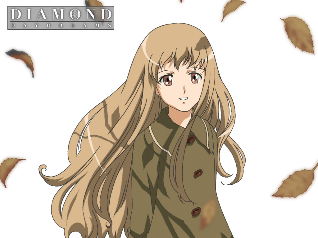 brown_hair, coat, happy, kita_e, leaf, leaves, long_hair, shiraishi_karin